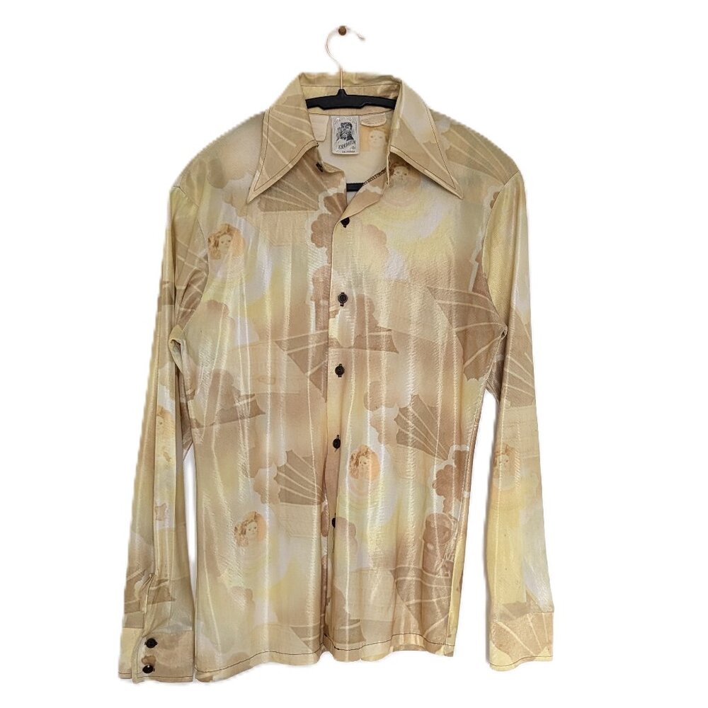 Vintage 70s Kennington‎ Gold Angels Heaven Long Sleeve Button Shirt Sz Small